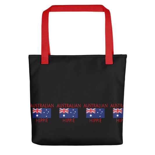 The Stately Wear Australian Flag Hippie tote bag has bold colors from the Australian flag.  Environmentally friendly tote bag made with biodegradable inks & dyes and made one-at-a-time.  It is perfect as a great gym bag, beach bag, yoga bag, Pilates bag and travel bag.