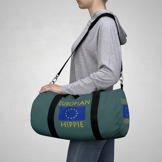 Stately Wear's European Flag Hippie duffel bag. Katie Couric Shop partner. Perfect accessory as a beach bag, ski bag, travel bag & gym or yoga bag.  Custom made one-at-a-time.  Environmentally friendly.  Biodegradable inks & dyes.  Good for the planet. 2 sizes to choose.