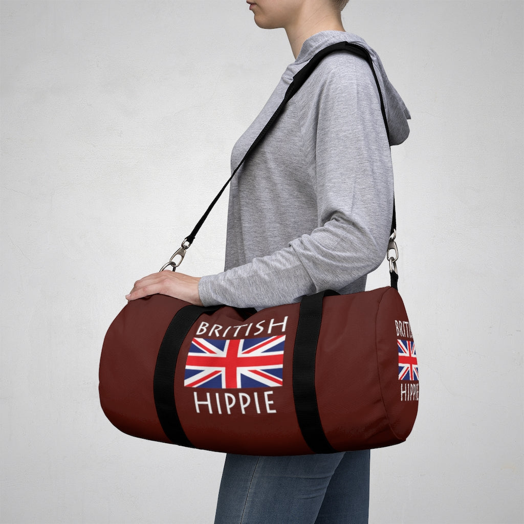 Stately Wear's British Flag Hippie duffel bag.  We are a Katie Couric Shop partner. The perfect accessory as a beach bag, ski bag, travel bag & gym or yoga bag.  Custom made one-at-a-time.  Environmentally friendly. Biodegradable inks & dyes.  2 sizes to choose.
