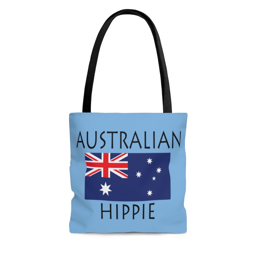 The Stately Wear Australian Flag Hippie tote bag has bold colors from the Australian flag.  Environmentally friendly tote bag made with biodegradable inks & dyes and made one-at-a-time.  3 practical sizes so it is perfect as a great gym bag, beach bag, yoga bag, Pilates bag and travel bag.