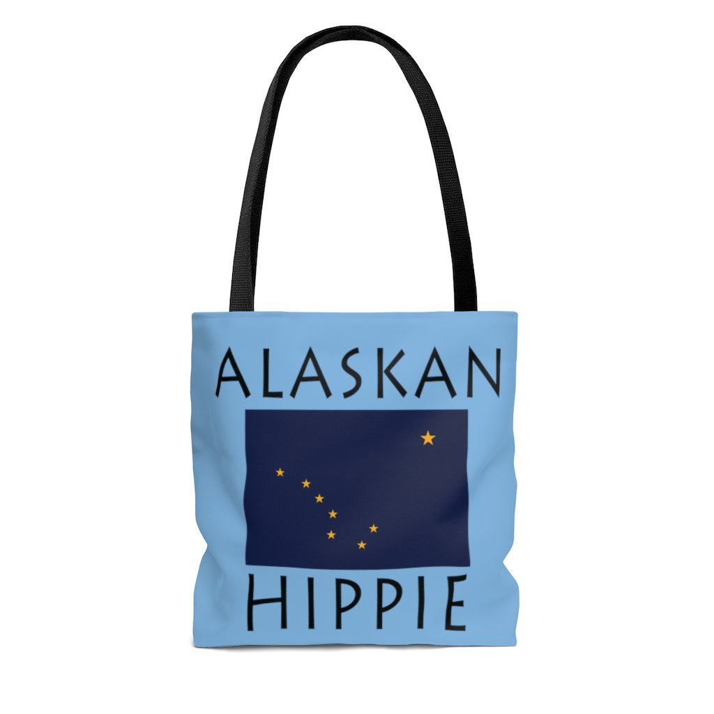 The Stately Wear Alaskan Flag Hippie has bold colors from the Alaskan flag.  Environmentally friendly tote bag made with biodegradable inks & dyes and made one-at-a-time.  3 practical sizes so it is a great gym bag, beach bag, yoga bag, Pilates bag and travel bag.