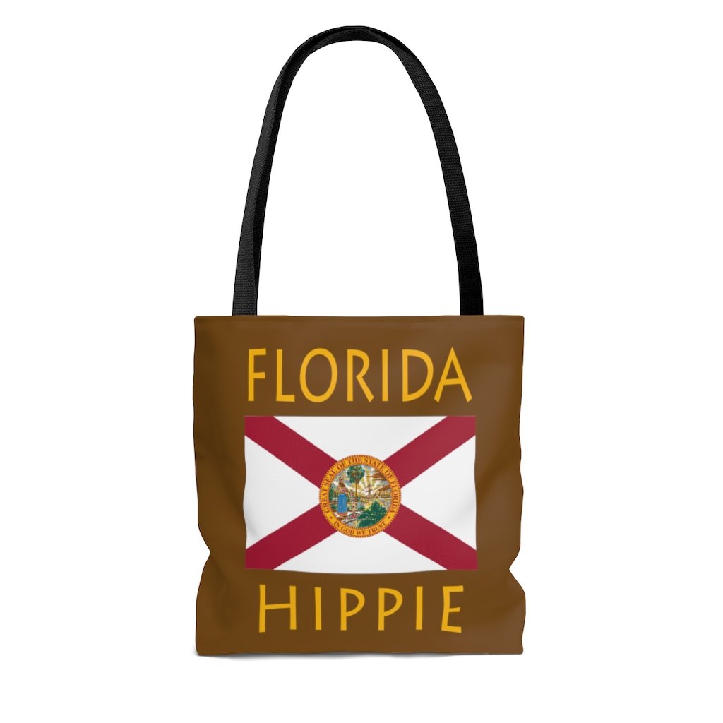 The Stately Wear Florida Flag Hippie tote bag has bold colors from the iconic Florida flag. Made with biodegradable inks & dyes and made one-at-a-time it is environmentally friendly. 3 different colored handles to choose from. It is a great gym bag, beach bag, yoga bag, Pilates bag and travel bag.