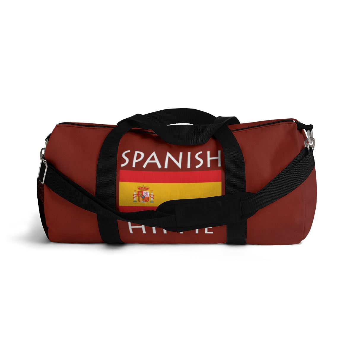   Stately Wear's Spanish Flag Hippie duffel bag is colorful, iconic and stylish. We are a Katie Couric Shop partner. This duffel bag is the perfect accessory as a beach bag, ski bag, travel bag, shopping bag & gym bag, Pilates bag or yoga bag. Custom made one-at-a-time with environmentally friendly biodegradable inks & dyes. 2 sizes to choose. Stately Wear's bags are very durable, soft and colorful duffels with durable straps.