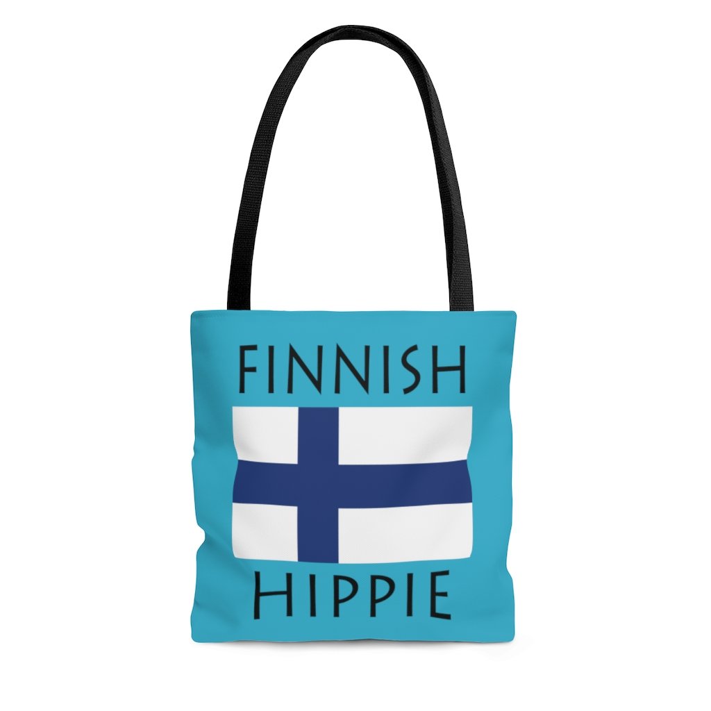 The Stately Wear Finnish Flag Hippie tote bag has bold colors from the iconic European flag. Made with biodegradable inks & dyes and made one-at-a-time it is environmentally friendly. 3 different colored handles to choose from. It is a great gym bag, beach bag, yoga bag, Pilates bag and travel bag.