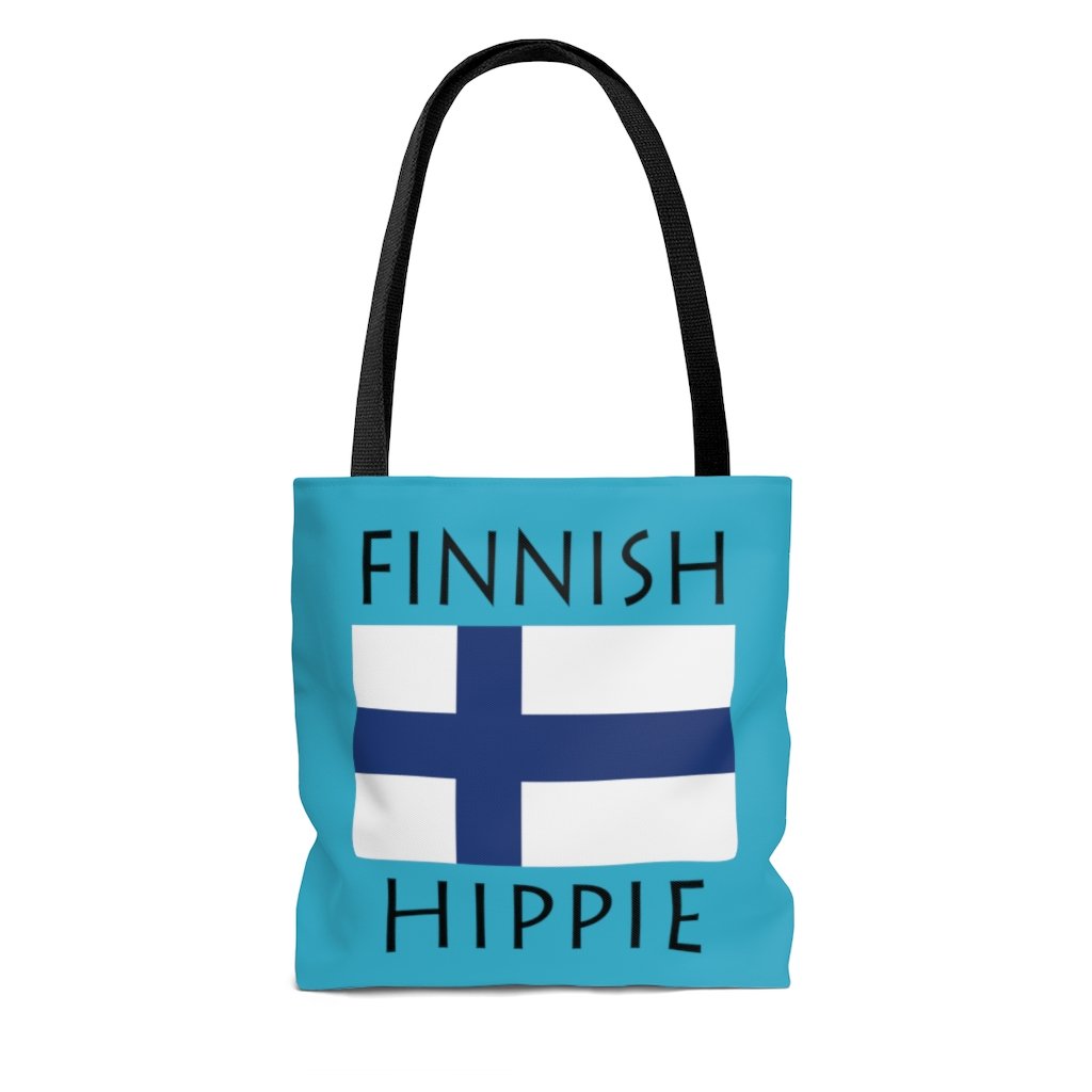 The Stately Wear Finnish Flag Hippie tote bag has bold colors from the iconic European flag. Made with biodegradable inks & dyes and made one-at-a-time it is environmentally friendly. 3 different colored handles to choose from. It is a great gym bag, beach bag, yoga bag, Pilates bag and travel bag.