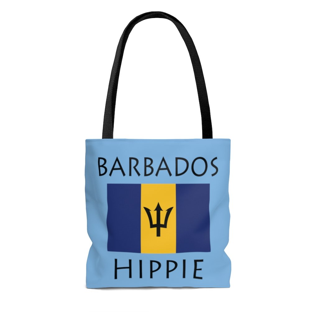 The Stately Wear Barbados Flag Hippie tote bag has bold colors from the Barbados flag.  Environmentally friendly tote bag made with biodegradable inks & dyes and made one-at-a-time.  Comes in 3 sizes so it is perfect as a great gym bag, beach bag, yoga bag, Pilates bag and travel bag.