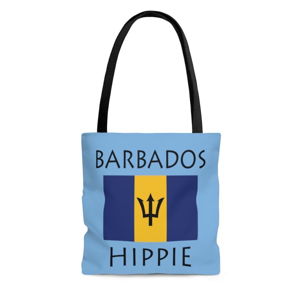 The Stately Wear Barbados Flag Hippie tote bag has bold colors from the Barbados flag.  Environmentally friendly tote bag made with biodegradable inks & dyes and made one-at-a-time.  Comes in 3 sizes so it is perfect as a great gym bag, beach bag, yoga bag, Pilates bag and travel bag.