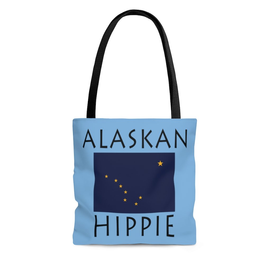 The Stately Wear Alaskan Flag Hippie has bold colors from the Alaskan flag.  Environmentally friendly tote bag made with biodegradable inks & dyes and made one-at-a-time.  3 practical sizes so it is a great gym bag, beach bag, yoga bag, Pilates bag and travel bag.