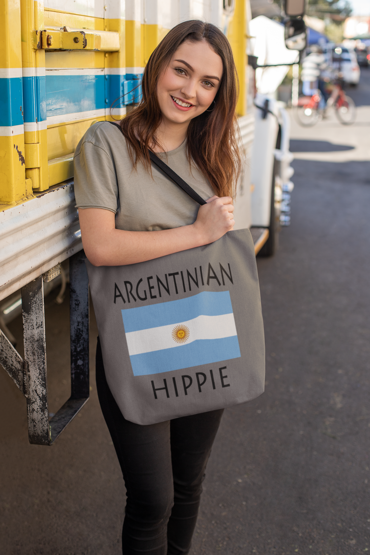 The Stately Wear Argentinian Flag Hippie tote bag has bold colors from the Argentinian flag.  Environmentally friendly tote bag made with biodegradable inks & dyes and made one-at-a-time.  3 practical sizes so it is a great gym bag, beach bag, yoga bag, Pilates bag and travel bag.