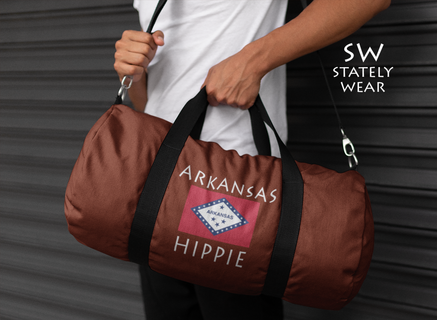 Stately Wear's Arkansas Flag Hippie duffel bag is colorful, iconic and stylish. We are a Katie Couric Shop partner. This duffel bag is the perfect accessory as a beach bag, ski bag, travel bag, shopping bag & gym bag, Pilates bag or yoga bag. Custom made one-at-a-time with environmentally friendly biodegradable inks & dyes. 2 sizes to choose.  Stately Wear's bags are very durable, soft and colorful duffel bags.