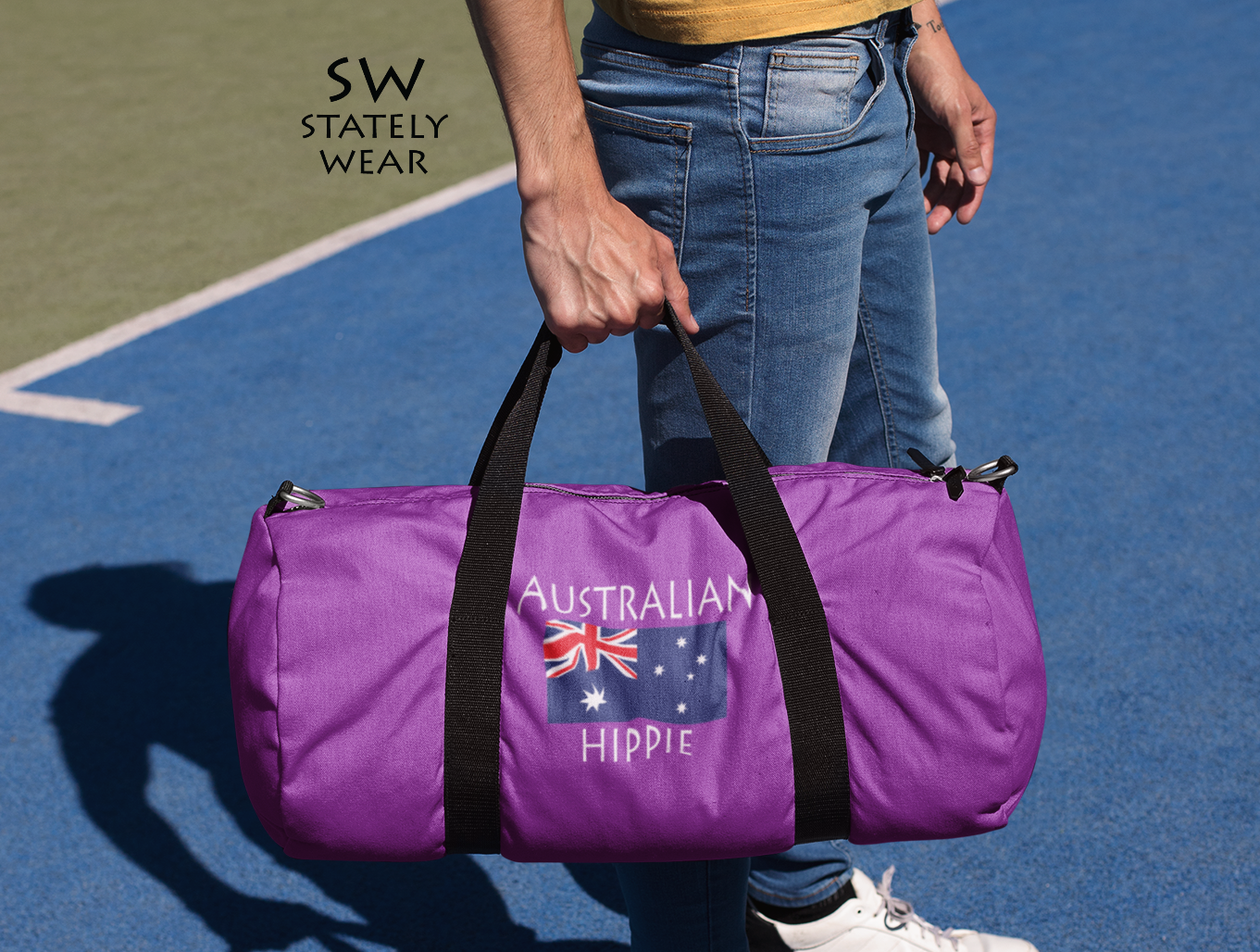 Stately Wear's Australian Flag Hippie duffel bag.  We are a Katie Couric Shop partner. The perfect accessory as a beach bag, ski bag, travel bag & gym or yoga bag.  Custom made one-at-a-time.  Environmentally friendly. Biodegradable inks & dyes.  Good for the planet.  2 sizes to choose.