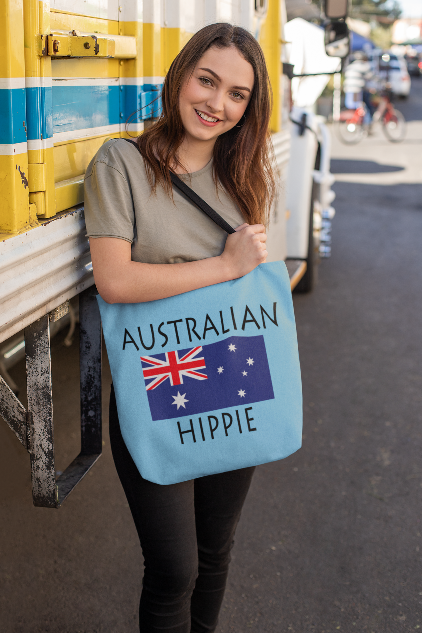 The Stately Wear Australian Flag Hippie tote bag has bold colors from the Australian flag.  Environmentally friendly tote bag made with biodegradable inks & dyes and made one-at-a-time.  3 practical sizes so it is perfect as a great gym bag, beach bag, yoga bag, Pilates bag and travel bag.