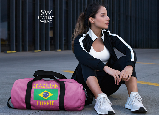 Stately Wear's Brazilian Flag Hippie duffel bag.  We are a Katie Couric Shop partner. The perfect accessory as a beach bag, ski bag, travel bag & gym or yoga bag.  Custom made one-at-a-time.  Environmentally friendly. Biodegradable inks & dyes.  Good for the planet.  2 sizes to choose.