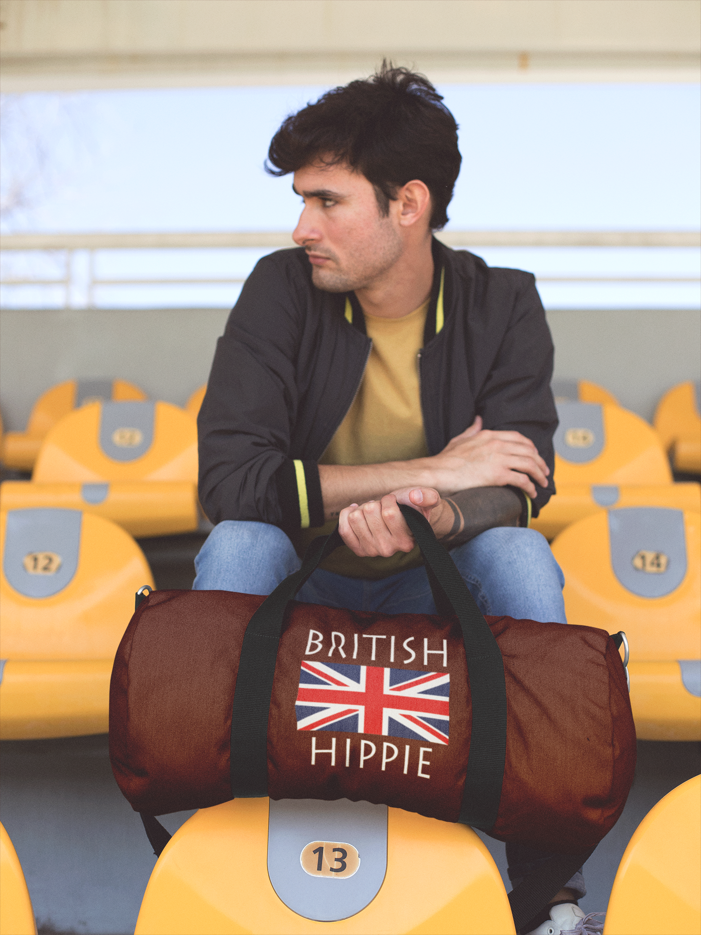  Stately Wear's British Flag Hippie duffel bag is colorful, iconic and Boho stylish. We are a Katie Couric Shop partner. This duffel bag is the perfect accessory as a beach bag, ski bag, travel bag, shopping bag & gym bag, Pilates bag or yoga bag. Custom made one-at-a-time with environmentally friendly biodegradable inks & dyes. 2 sizes to choose. Stately Wear's bags are very durable, soft and colorful duffel bags. Stately Wear's flag hippie bags also have durable straps.