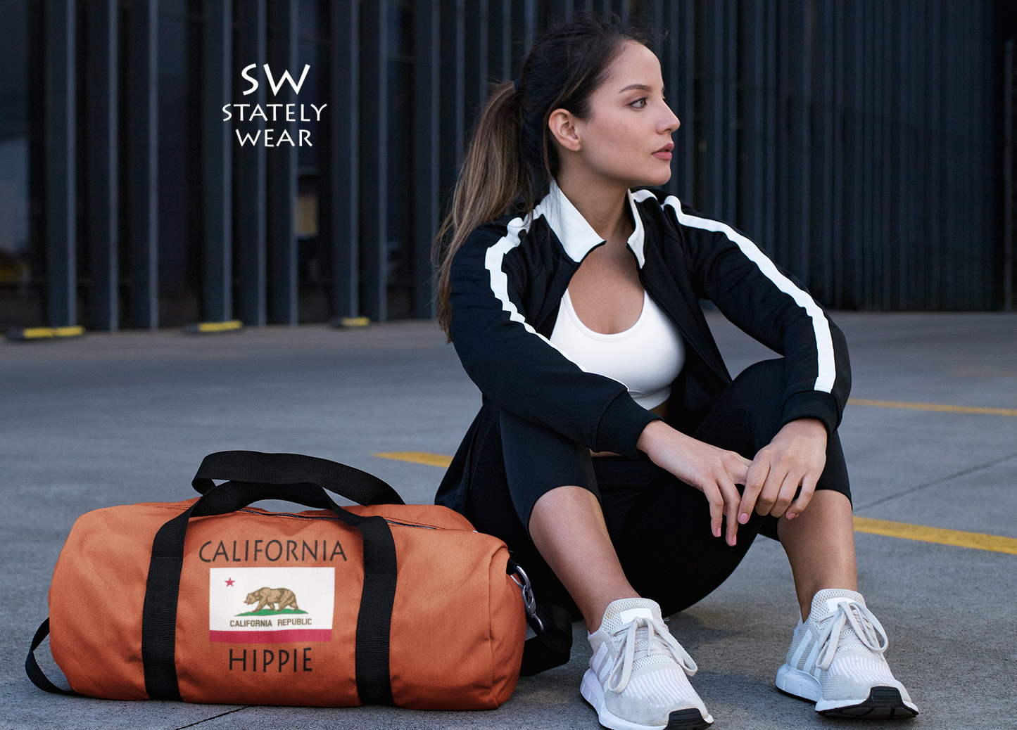 Stately Wear's California Flag Hippie duffel bag. We are a Katie Couric Shop partner. The perfect accessory as a beach bag, ski bag, travel bag & gym or yoga bag. Custom made one-at-a-time. Environmentally friendly. Biodegradable inks & dyes. Good for the planet. 2 sizes to choose.