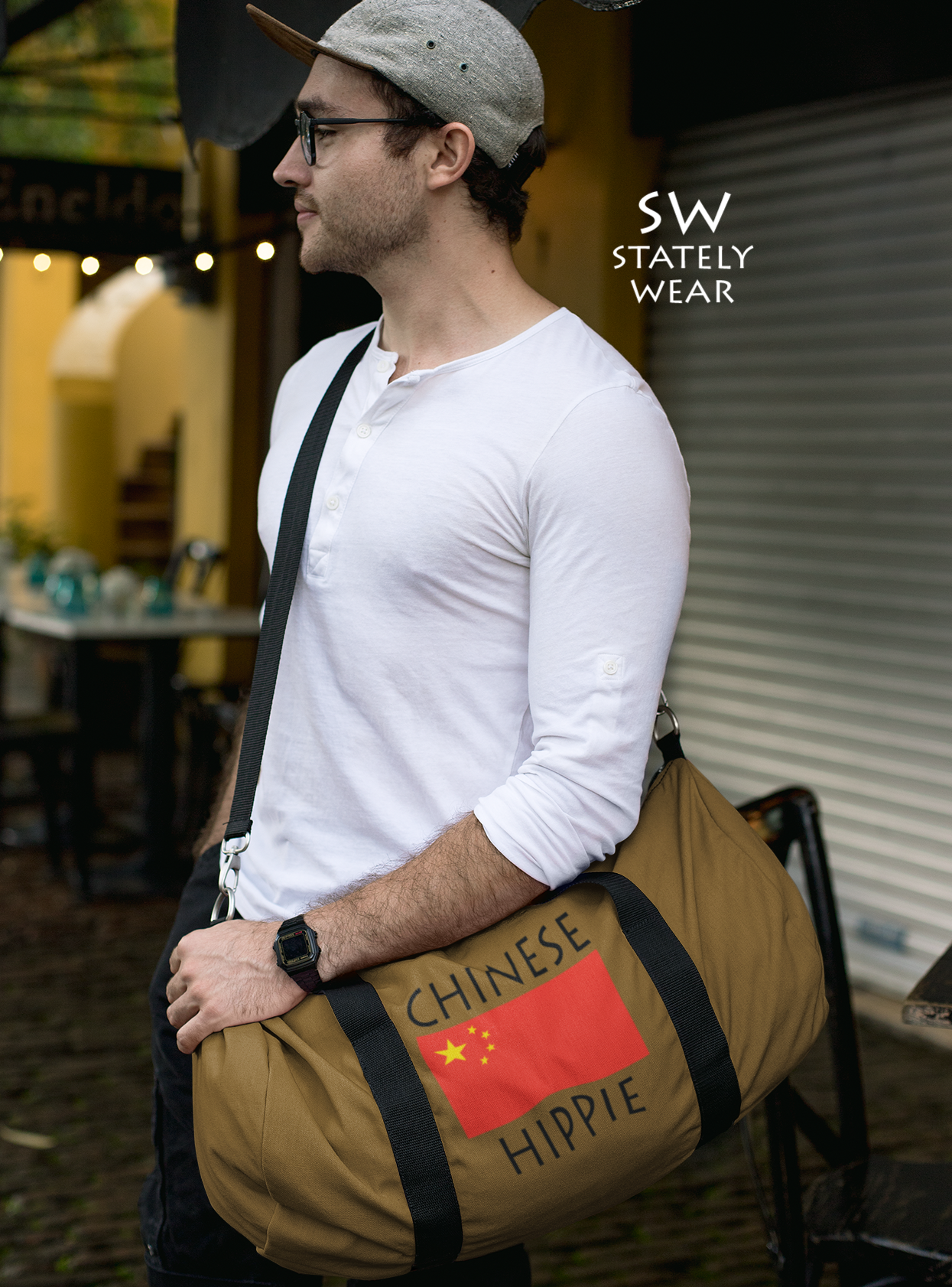 Stately Wear's Chinese Flag Hippie duffel bag. We are a Katie Couric Shop partner. The perfect accessory as a beach bag, ski bag, travel bag & gym or yoga bag. Custom made one-at-a-time. Environmentally friendly. Biodegradable inks & dyes. Good for the planet. 2 sizes to choose.
