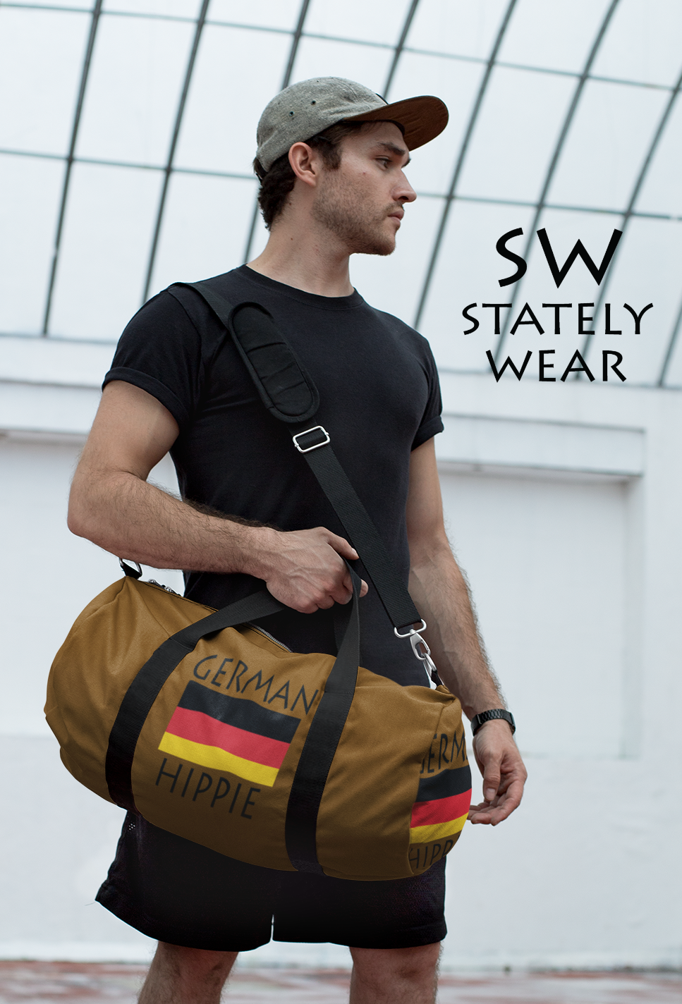 You will love Stately Wear's German Flag Hippie duffel bag. Katie Couric Shop partner. Perfect accessory as a beach bag, ski bag, travel bag & gym or yoga bag.  Custom made one-at-a-time.  Environmentally friendly.  Biodegradable inks & dyes.  Good for the planet. 2 sizes to choose.