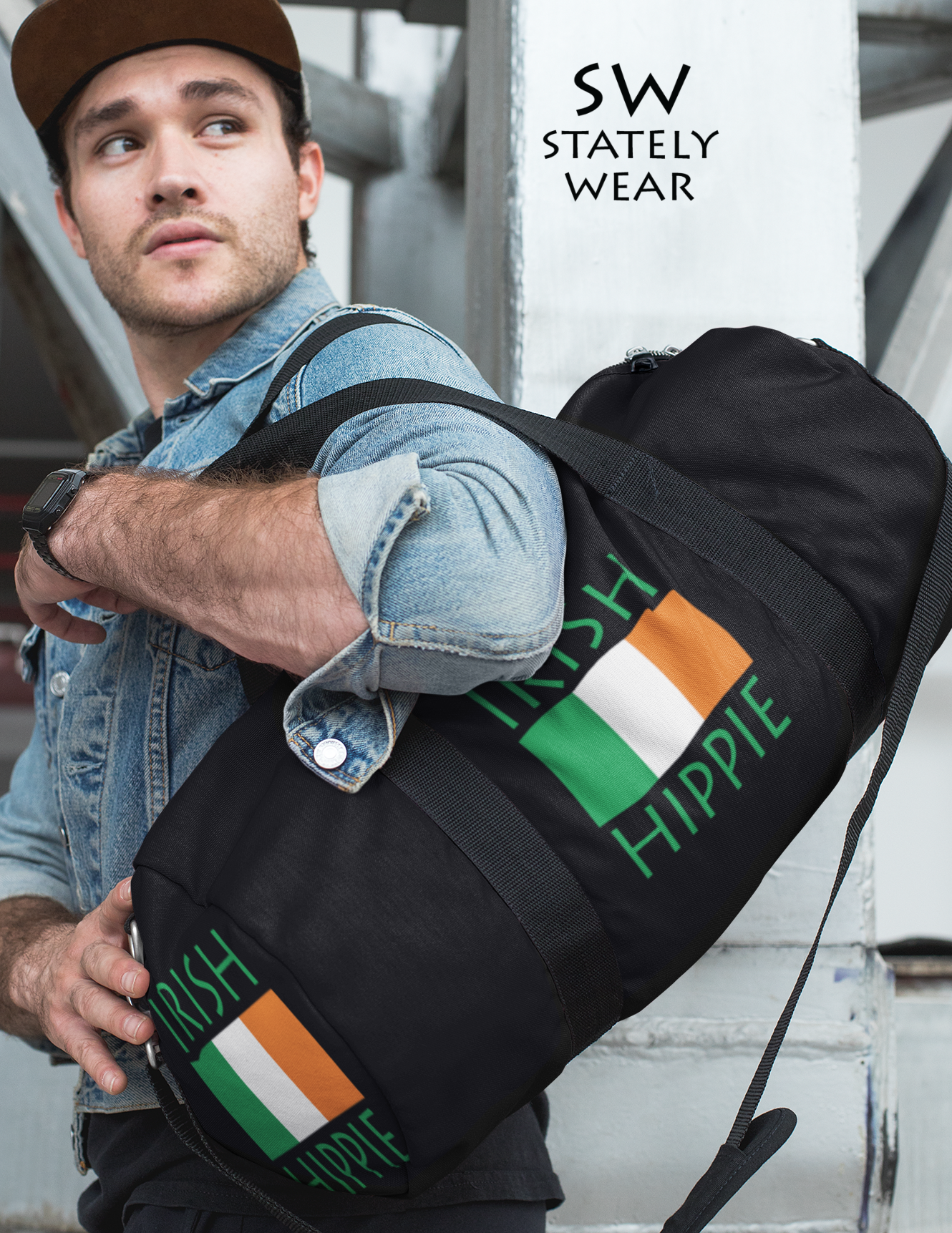 You will love Stately Wear's Irish Flag Hippie duffel bag. Katie Couric Shop partner. Perfect accessory as a beach bag, ski bag, travel bag & gym or yoga bag.  Custom made one-at-a-time.  Environmentally friendly.  Biodegradable inks & dyes.  Good for the planet. 2 sizes to choose.