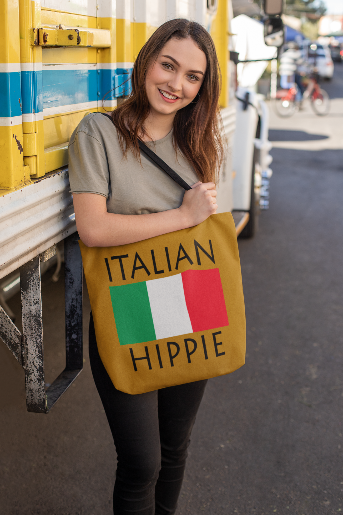  The Stately Wear Italian Flag Hippie tote bag has bold colors from the iconic Italian flag. Made with biodegradable inks & dyes and made one-at-a-time it is environmentally friendly. 3 different sizes to choose from so it is a great gym bag, beach bag, yoga bag, Pilates bag and travel bag.