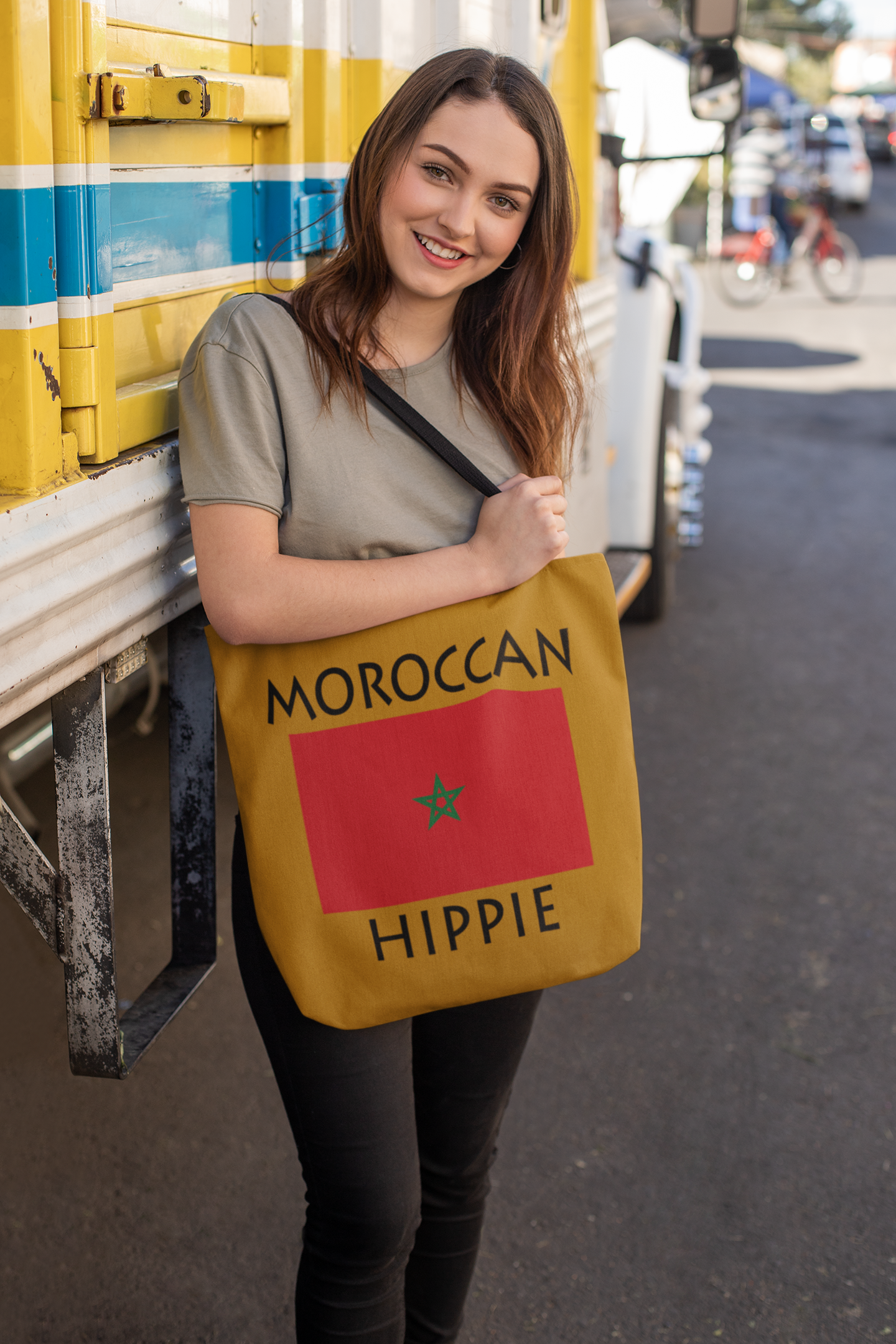 The Stately Wear Moroccan Flag Hippie tote bag has bold colors from the iconic Moroccan flag. Made with biodegradable inks & dyes and made one-at-a-time it is environmentally friendly. 3 different sizes to choose from so it is a great gym bag, beach bag, yoga bag, Pilates bag and travel bag.
