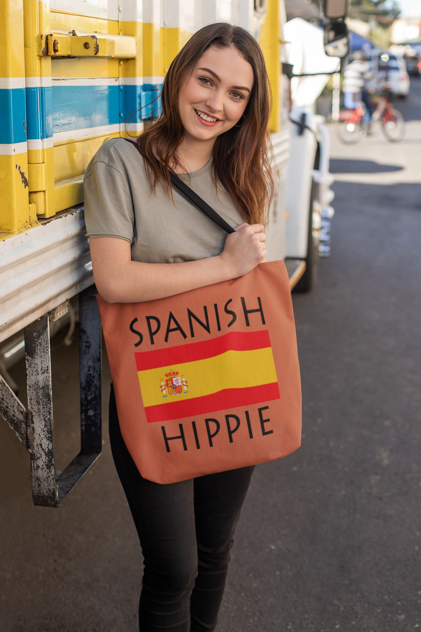    The Stately Wear Spanish Flag Hippie tote bag has bold colors from the iconic Spanish flag. Made with biodegradable inks & dyes and made one-at-a-time it is environmentally friendly. 3 different sizes to choose from so it is a great gym bag, beach bag, yoga bag, Pilates bag and travel bag.