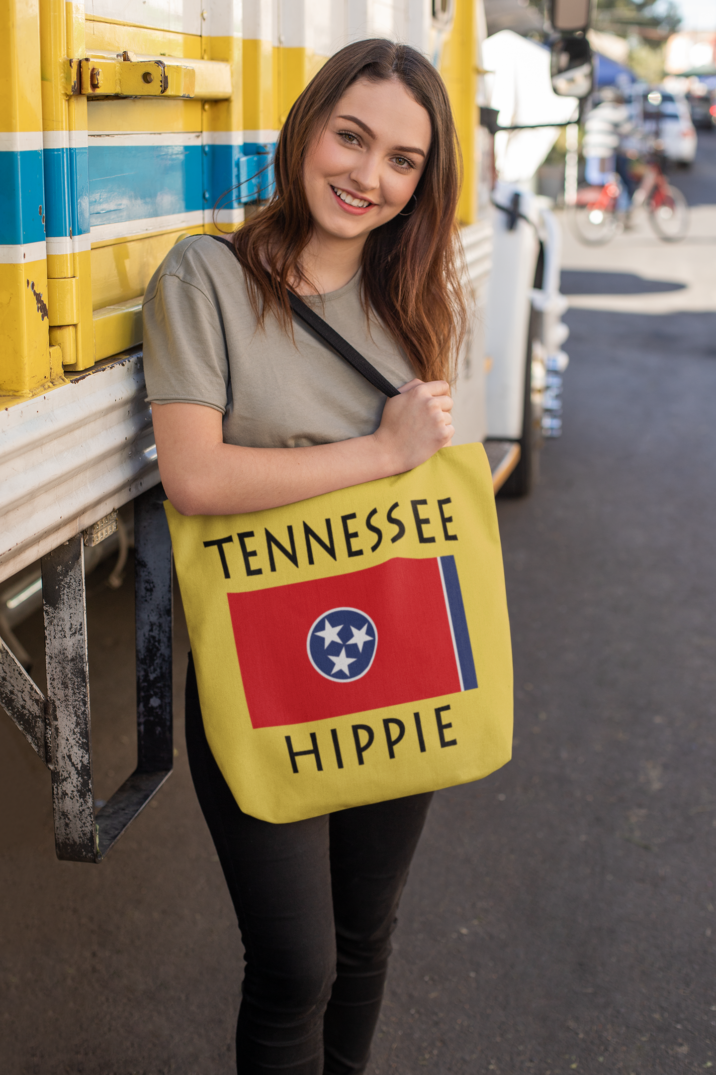   The Stately Wear Tennessee Flag Hippie tote bag has bold colors from the iconic Tennessee flag. Made with biodegradable inks & dyes and made one-at-a-time it is environmentally friendly. 3 different sizes to choose from so it is a great gym bag, beach bag, yoga bag, Pilates bag and travel bag.