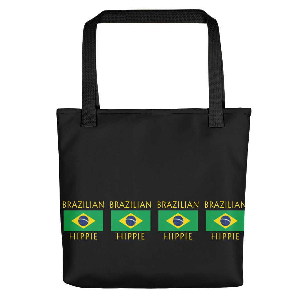 The Stately Wear Brazilian Flag Hippie tote bag has bold colors from the Brazilian flag.  Environmentally friendly tote bag made with biodegradable inks & dyes and made one-at-a-time.  3 different colored handles. It is perfect as a great gym bag, beach bag, yoga bag, Pilates bag and travel bag.