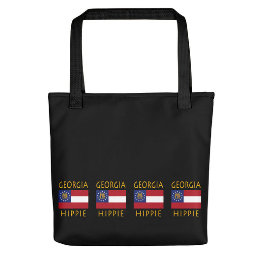 The Stately Wear Georgia Flag Hippie tote bag has bold colors from the iconic Gerogia flag. Made with biodegradable inks & dyes and made one-at-a-time it is environmentally friendly. 3 different colored handled to choose from. It is a great gym bag, beach bag, yoga bag, Pilates bag and travel bag.