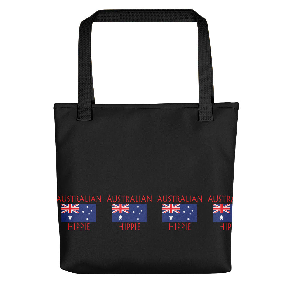 The Stately Wear Australian Flag Hippie tote bag has bold colors from the Australian flag.  Environmentally friendly tote bag made with biodegradable inks & dyes and made one-at-a-time.  It is perfect as a great gym bag, beach bag, yoga bag, Pilates bag and travel bag.