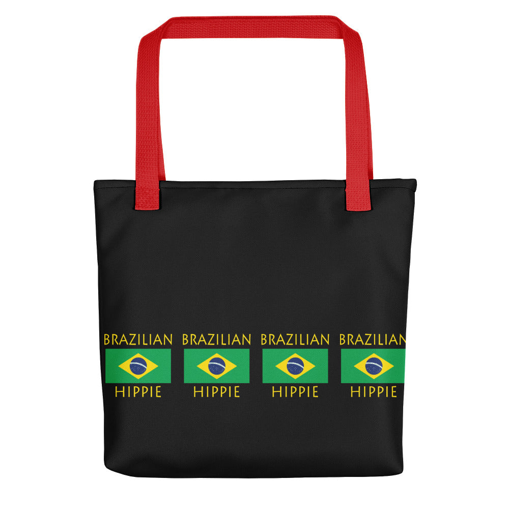 The Stately Wear Brazilian Flag Hippie tote bag has bold colors from the Brazilian flag.  Environmentally friendly tote bag made with biodegradable inks & dyes and made one-at-a-time.  3 different colored handles. It is perfect as a great gym bag, beach bag, yoga bag, Pilates bag and travel bag.