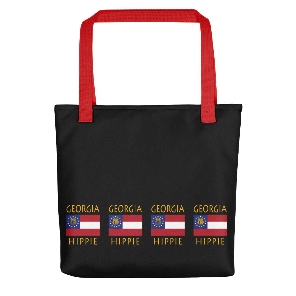 The Stately Wear Georgia Flag Hippie tote bag has bold colors from the iconic Gerogia flag. Made with biodegradable inks & dyes and made one-at-a-time it is environmentally friendly. 3 different colored handled to choose from. It is a great gym bag, beach bag, yoga bag, Pilates bag and travel bag.