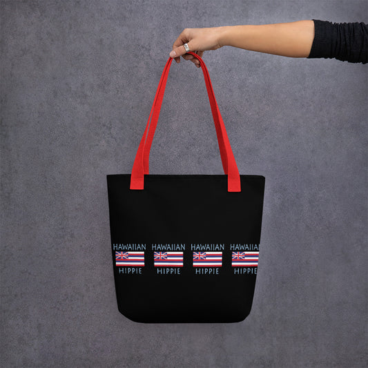 The Stately Wear Hawaiian Flag Hippie tote bag has bold colors from the iconic Hawaiian flag. Made with biodegradable inks & dyes and made one-at-a-time it is environmentally friendly. 3 different colored handles to choose from so it is a great gym bag, beach bag, yoga bag, Pilates bag and travel bag.