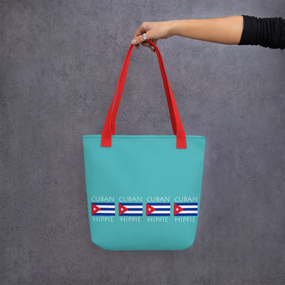 The Stately Wear Cuban Flag Hippie has bold colors from the iconic British flag. Made with biodegradable inks & dyes and made one-at-a-time it is environmentally friendly. 3 different colored handles to choose from.  It is a great gym bag, beach bag, yoga bag, Pilates bag and travel bag.