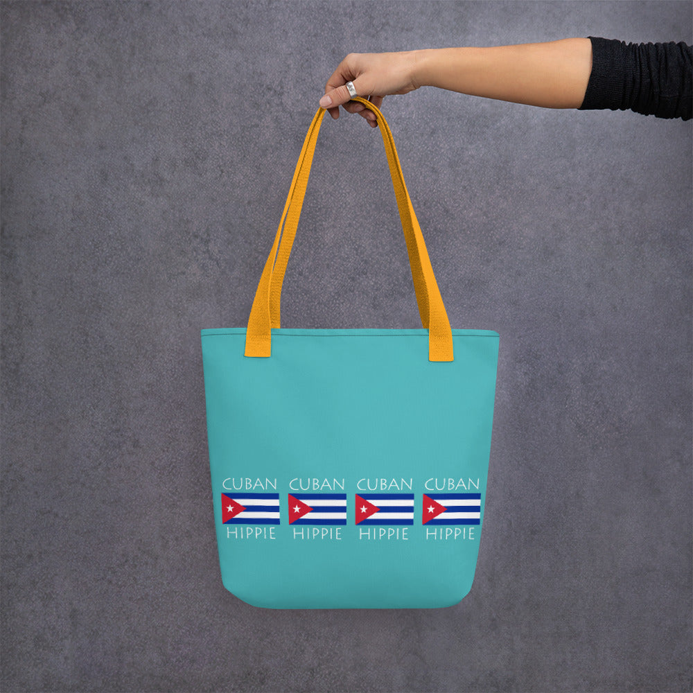 The Stately Wear Cuban Flag Hippie has bold colors from the iconic British flag. Made with biodegradable inks & dyes and made one-at-a-time it is environmentally friendly. 3 different colored handles to choose from.  It is a great gym bag, beach bag, yoga bag, Pilates bag and travel bag.