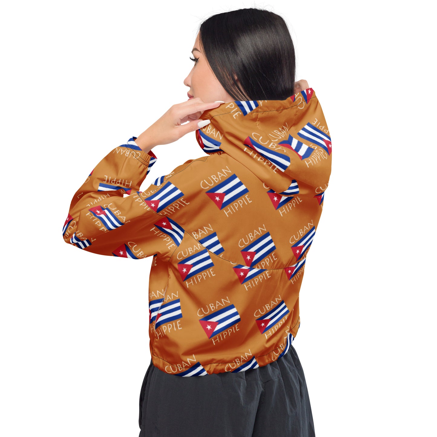 This Cuban Flag Hippie stylish cropped half-zip windbreaker is a fashion statement! The repeating Cuban Flag Hippie design is the coolest, hippest, trendiest piece in your wardrobe! Hike in style without the rain getting in the way...this cropped windbreaker is lightweight, waterproof, and suitable for every kind of adventure. Features include side-slit pockets, breathable mesh lining, and adjustable drawstrings on the hood and waist to support all your stylish outdoor looks.