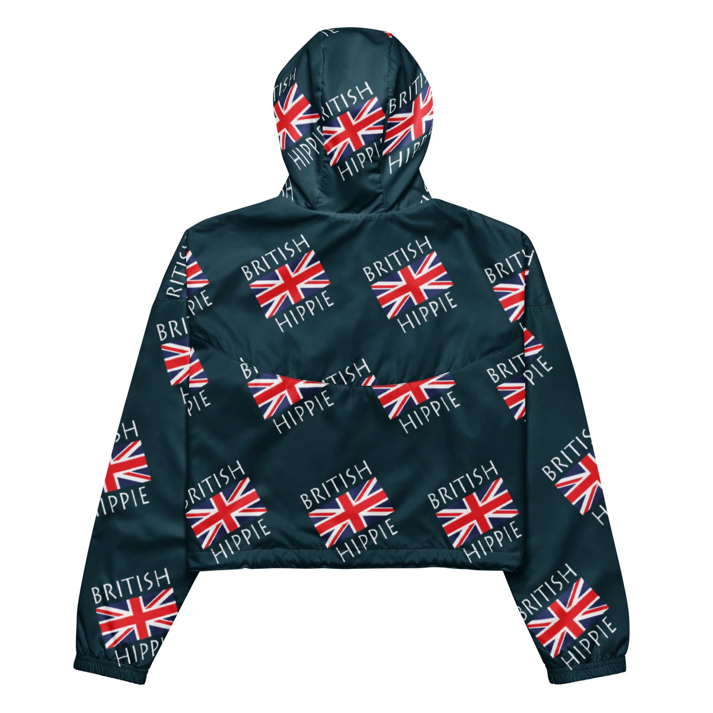 This British Flag Hippie™ stylish cropped half-zip windbreaker is a fashion statement! The repeating British Flag Hippie design is the coolest, hippest, trendiest piece in your wardrobe! Hike in style without the rain getting in the way...this cropped windbreaker is lightweight, waterproof, and suitable for every kind of adventure. Features include side-slit pockets, breathable mesh lining, and adjustable drawstrings on the hood and waist to support all your stylish outdoor looks.