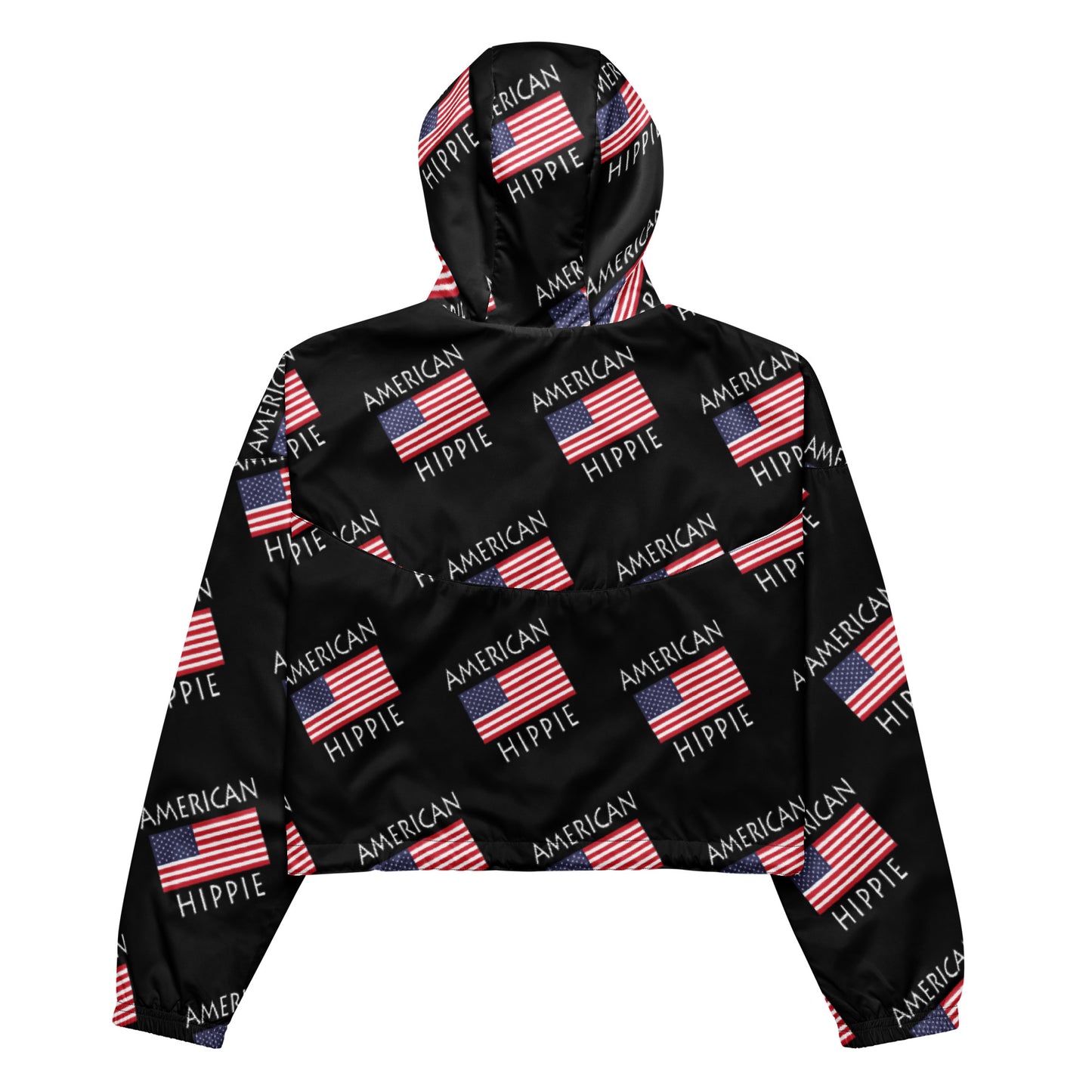 This American Flag Hippie stylish cropped half-zip windbreaker is a fashion statement! The repeating American Flag Hippie design is the coolest, hippest, trendiest piece in your wardrobe! Hike in style without the rain getting in the way...this cropped windbreaker is lightweight, waterproof, and suitable for every kind of adventure. Features include side-slit pockets, breathable mesh lining, and adjustable draw cords on the hood and waist to support all your stylish outdoor looks.