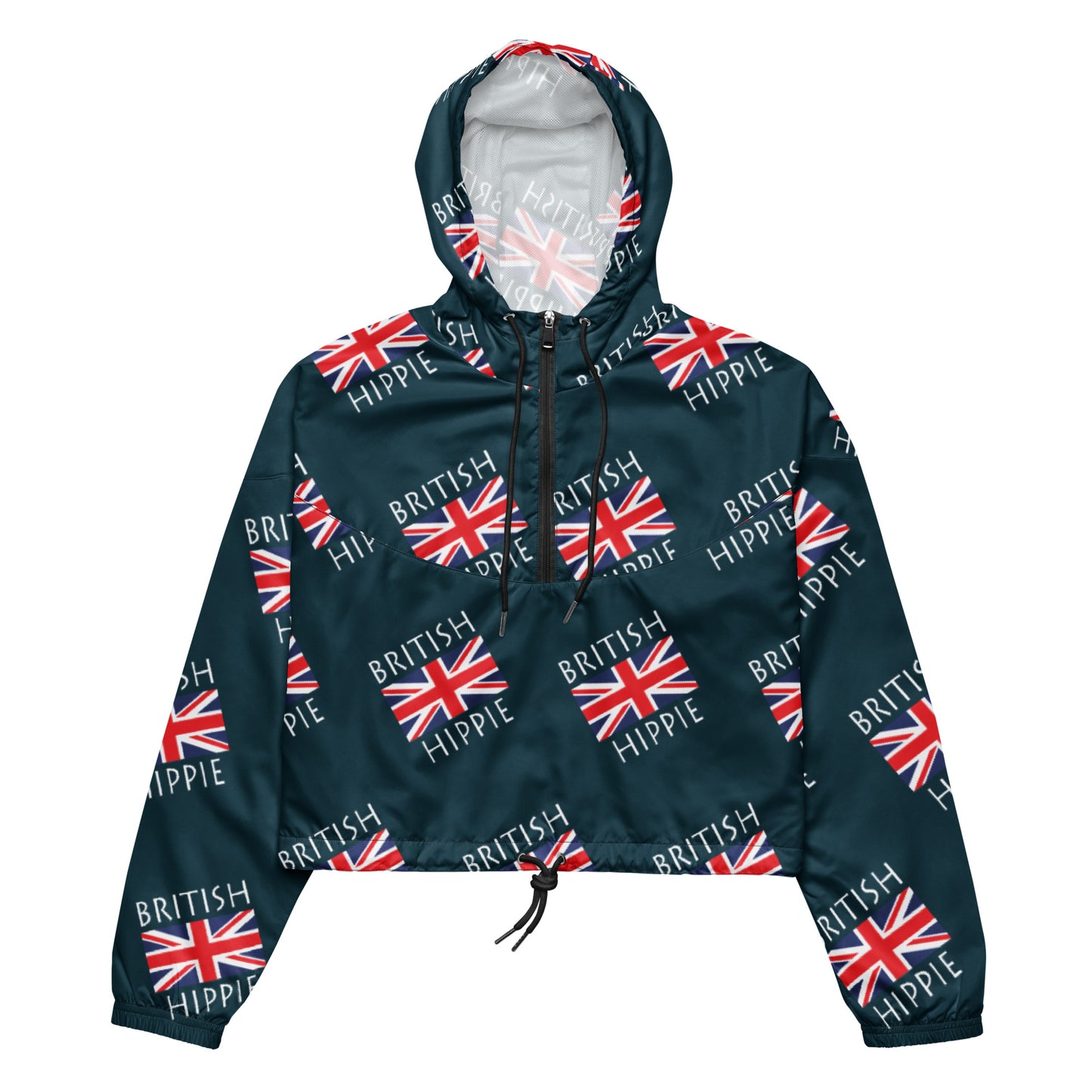 This British Flag Hippie™ stylish cropped half-zip windbreaker is a fashion statement! The repeating British Flag Hippie design is the coolest, hippest, trendiest piece in your wardrobe! Hike in style without the rain getting in the way...this cropped windbreaker is lightweight, waterproof, and suitable for every kind of adventure. Features include side-slit pockets, breathable mesh lining, and adjustable drawstrings on the hood and waist to support all your stylish outdoor looks.