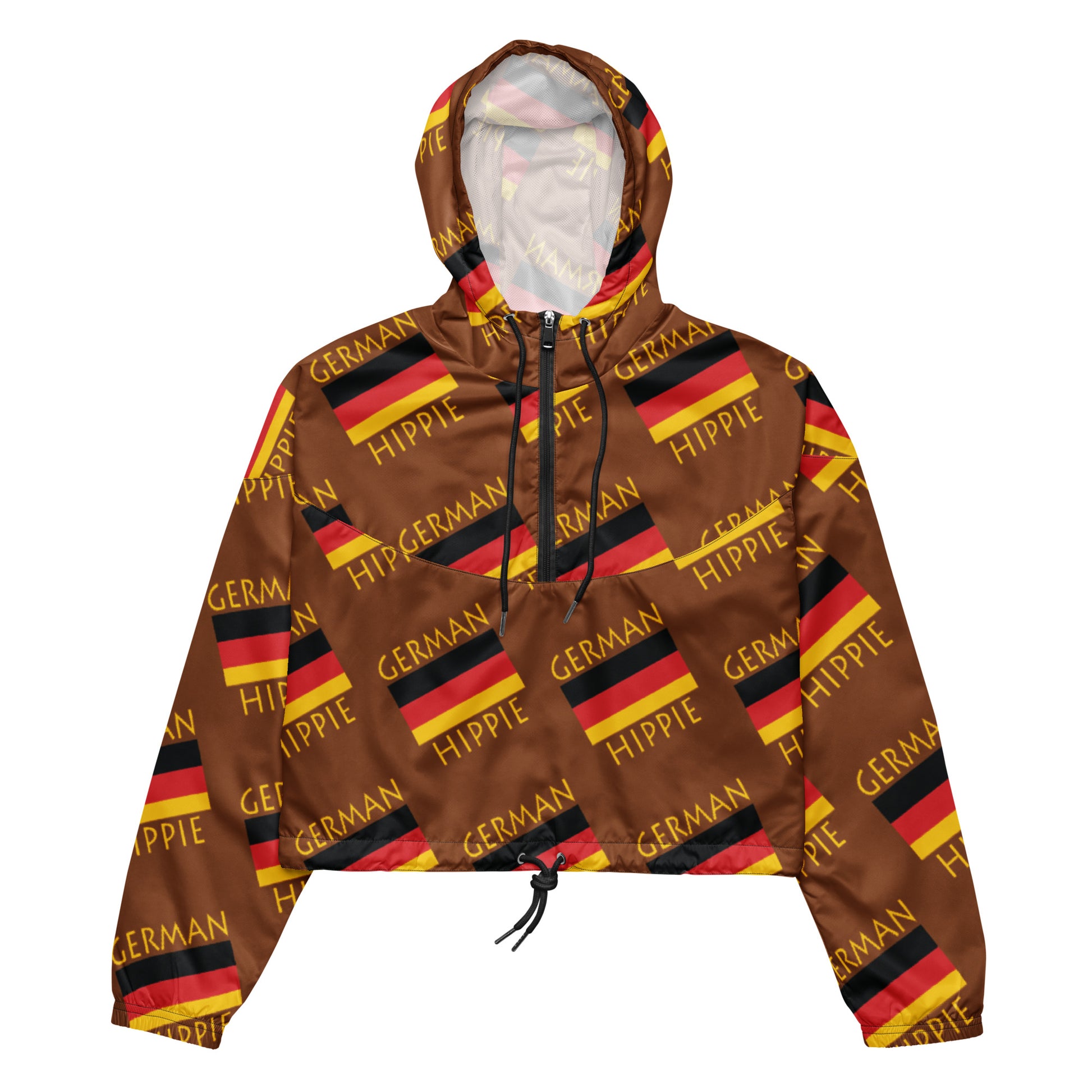 Your German Flag Hippie Stylish cropped windbreaker half-zip jacket is a fashion statement! Hiking or hanging out it is super functional while making you look beautiful. Features include side-slit pockets, breathable mesh lining, and adjustable draw cords on the hood and waist to support all your stylish outdoor looks & lifestyle.