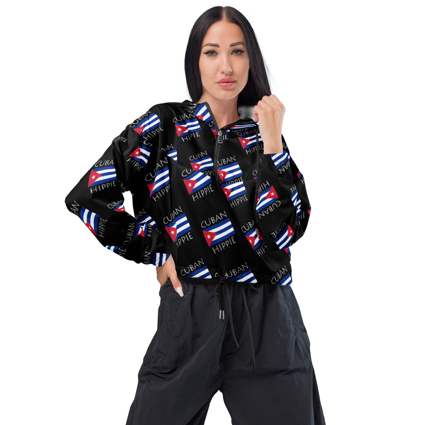 Cuban Flag Hippie™ Women’s Stylish cropped half-zip windbreaker