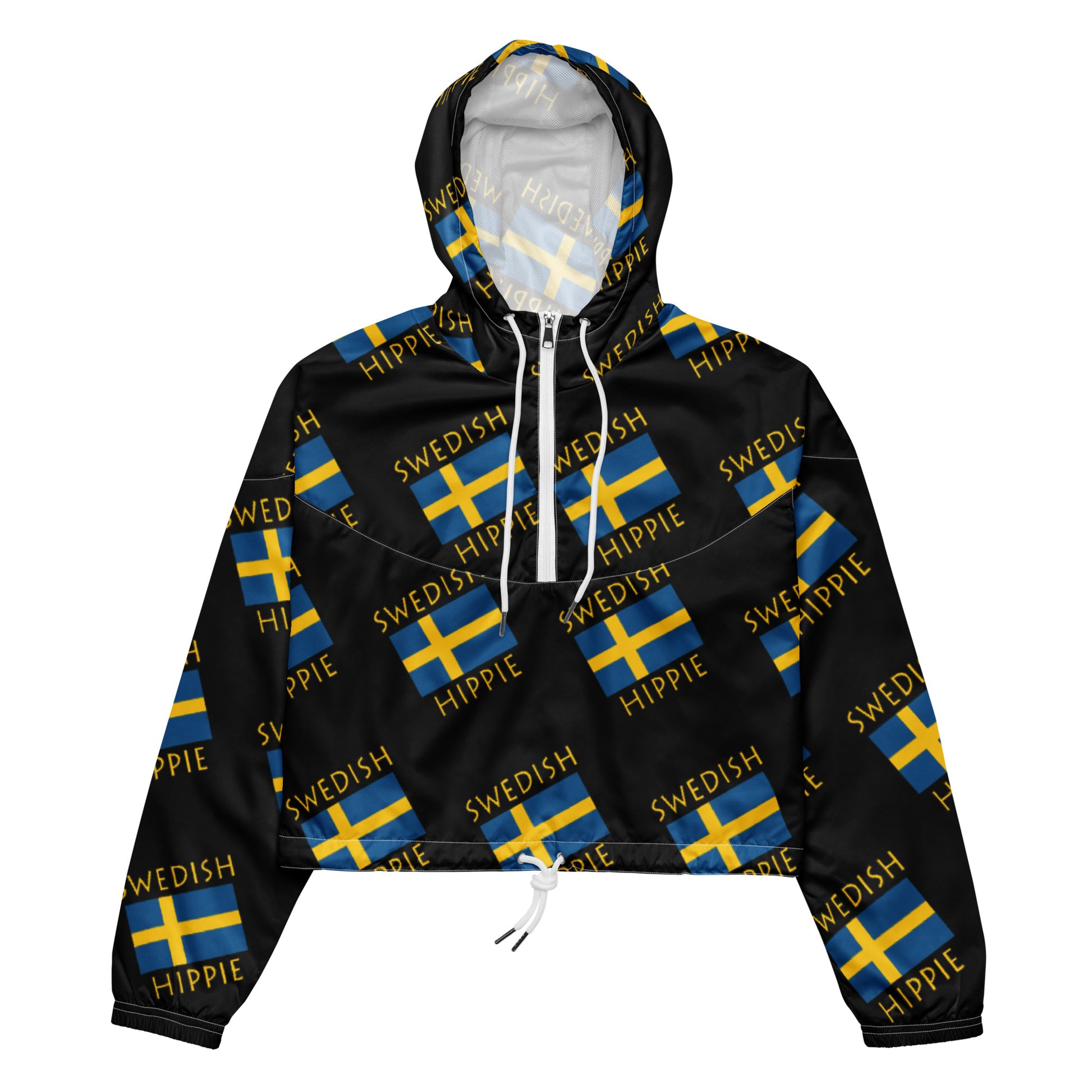 This Swedish Flag Hippie™ stylish cropped half-zip windbreaker is a fashion statement! The repeating Swedish Flag Hippie design is the coolest, hippest, trendiest piece in your wardrobe! Hike in style without the rain getting in the way...this cropped windbreaker is lightweight, waterproof, and suitable for every kind of adventure. Features include side-slit pockets, breathable mesh lining, and adjustable drawstring on the hood and waist to support all your stylish outdoor looks.