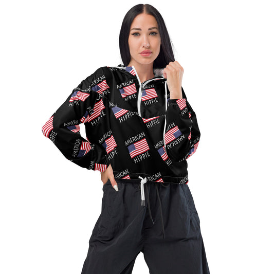 This American Flag Hippie stylish cropped half-zip windbreaker is a fashion statement! The repeating American Flag Hippie design is the coolest, hippest, trendiest piece in your wardrobe! Hike in style without the rain getting in the way...this cropped windbreaker is lightweight, waterproof, and suitable for every kind of adventure. Features include side-slit pockets, breathable mesh lining, and adjustable draw cords on the hood and waist to support all your stylish outdoor looks.