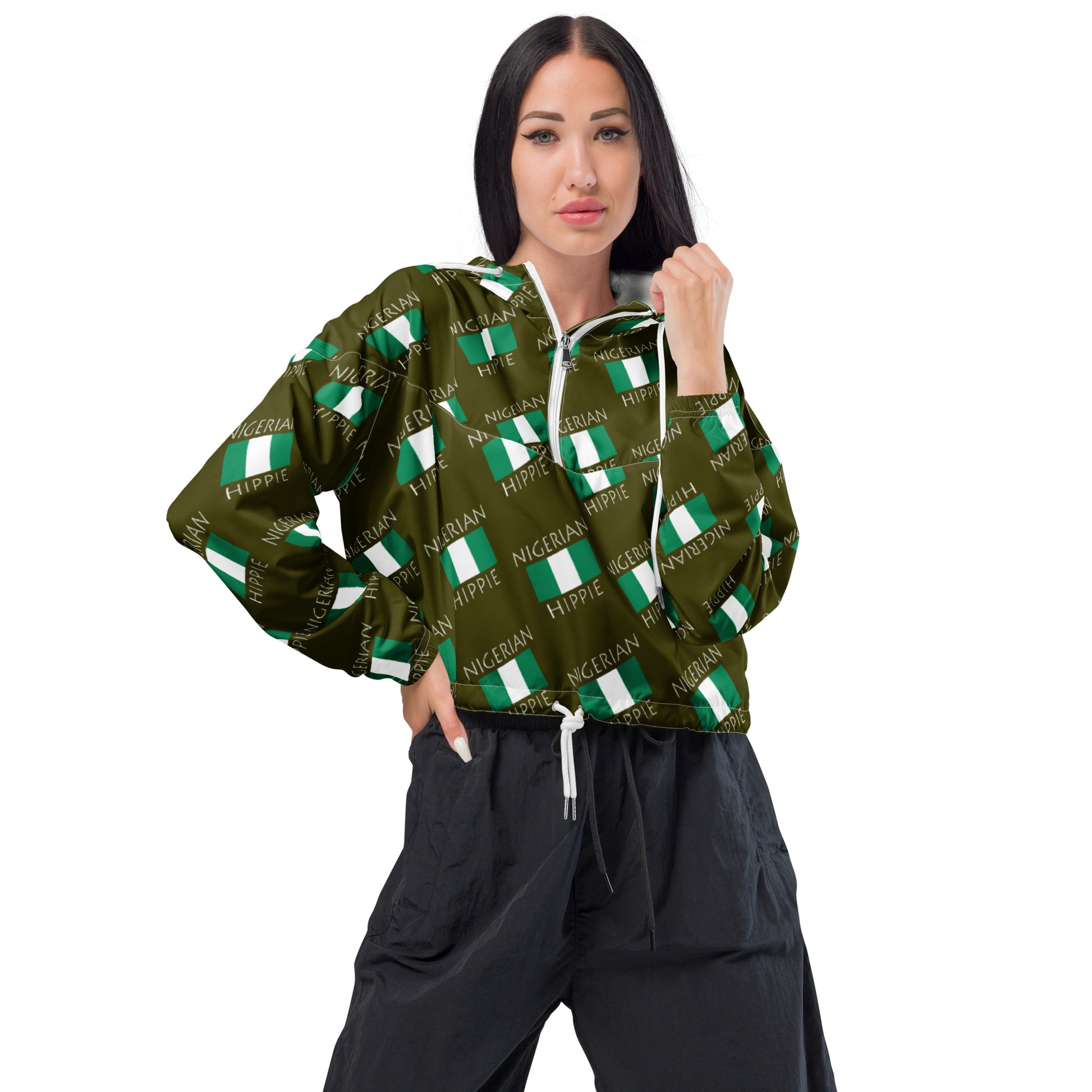 Your Nigerian Flag Hippie cropped hoodie half zip is a fashion statement...and super practical. Lightweight, waterproof and ready for any adventure and you will look fantastic with our repeating flag hippie design. Includes side-slit pockets, breathable mesh lining, and adjustable draw cords on the hood and waist to support all your stylish outdoor looks.