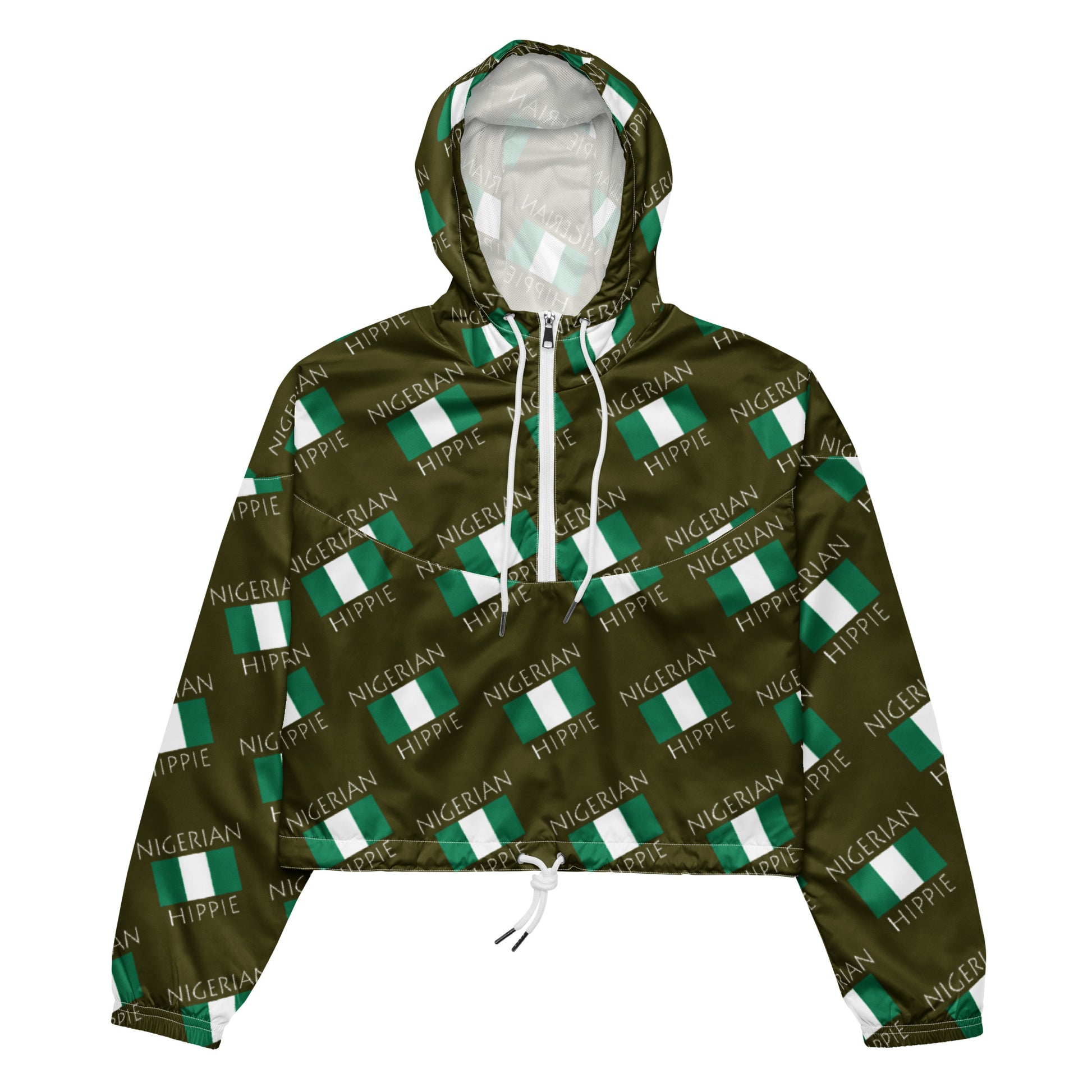 Your Nigerian Flag Hippie cropped hoodie half zip is a fashion statement...and super practical. Lightweight, waterproof and ready for any adventure and you will look fantastic with our repeating flag hippie design. Includes side-slit pockets, breathable mesh lining, and adjustable draw cords on the hood and waist to support all your stylish outdoor looks.