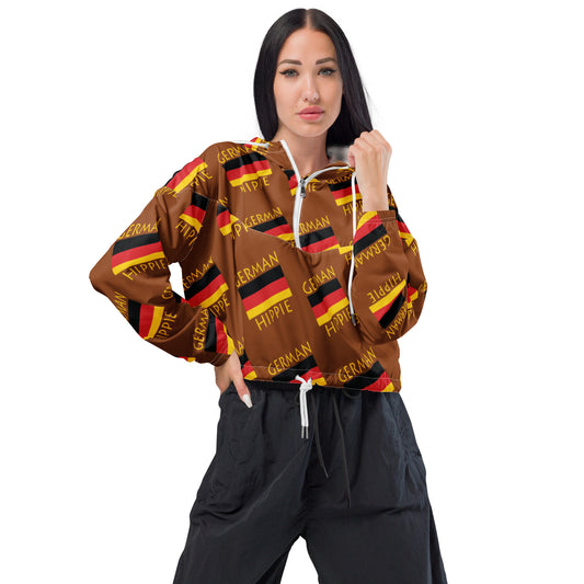 Your German Flag Hippie Stylish cropped windbreaker half-zip jacket is a fashion statement! Hiking or hanging out it is super functional while making you look beautiful. Features include side-slit pockets, breathable mesh lining, and adjustable draw cords on the hood and waist to support all your stylish outdoor looks & lifestyle.