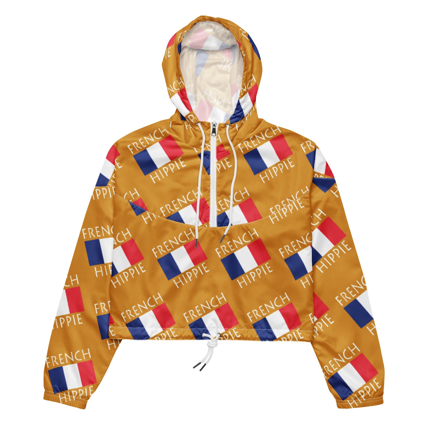 Your French Flag Hippie Stylish cropped windbreaker half-zip jacket is a fashion statement! Hiking or hanging out it is super functional while making you look beautiful. Features include side-slit pockets, breathable mesh lining, and adjustable draw cords on the hood and waist to support all your stylish outdoor looks.