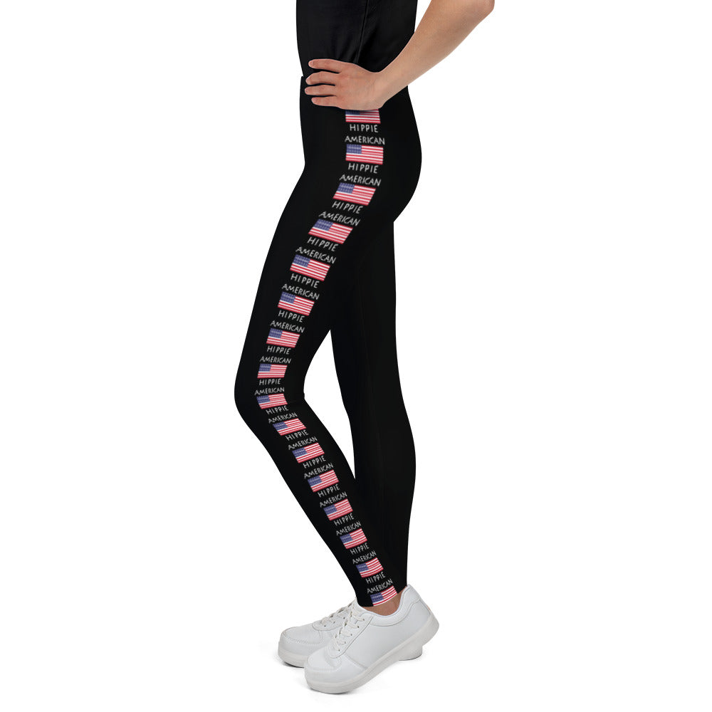 Stately Wear's American Flag Hippie youth leggings have bold colors, great fit and the polyester spandex combination is the perfect fit. The Alaskan flag design around the waist and down the side of each leg are bold, unique and colorful!  Stately Wear flag leggings are great for the gym, yoga, Pilates, the coffee shop, you'll like to use them every day.