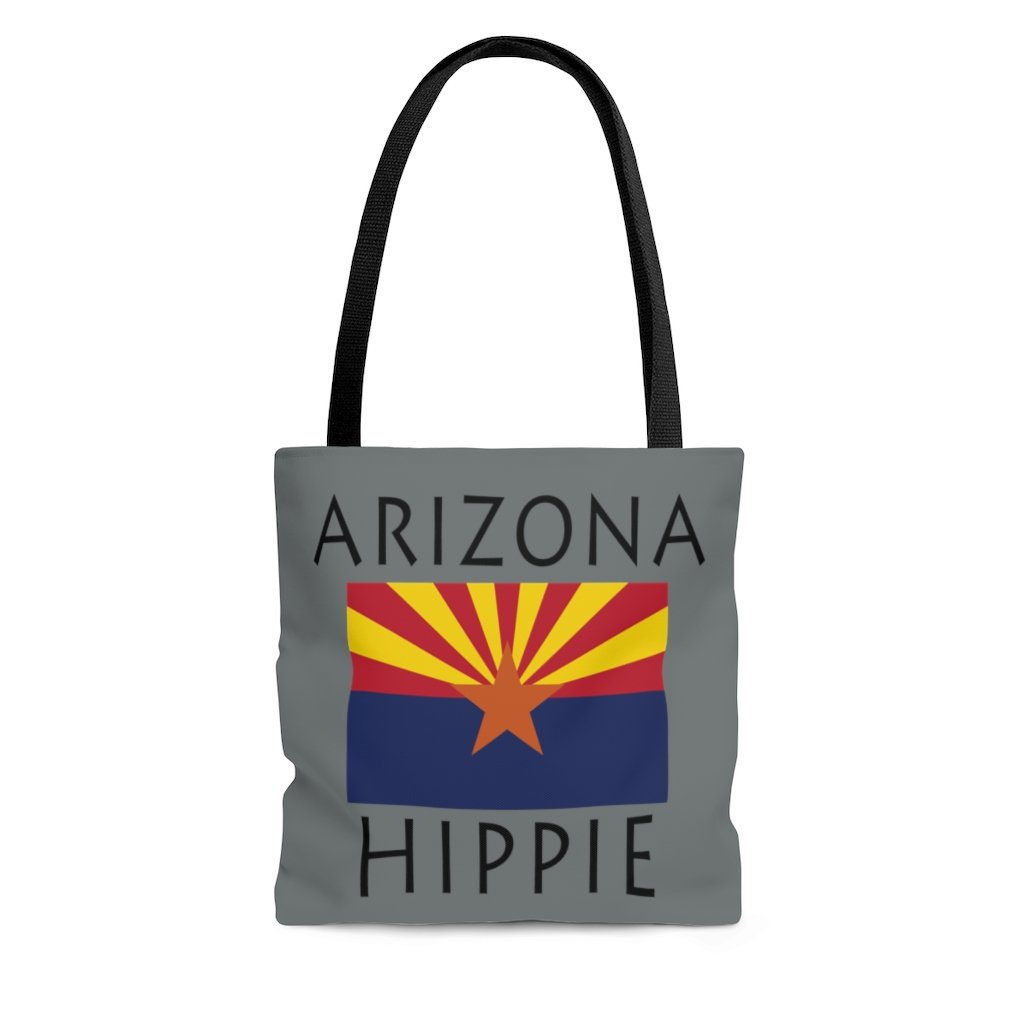 The Stately Wear Arizona Flag Hippie tote bag has bold colors from the Arizona flag.  Environmentally friendly tote bag made with biodegradable inks & dyes and made one-at-a-time.  3 practical sizes so it is a great gym bag, beach bag, yoga bag, Pilates bag and travel bag.