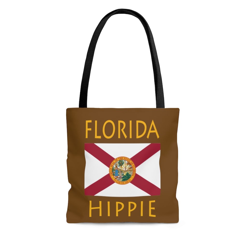 The Stately Wear Florida Flag Hippie tote bag has bold colors from the iconic Florida flag. Made with biodegradable inks & dyes and made one-at-a-time it is environmentally friendly. 3 different colored handles to choose from. It is a great gym bag, beach bag, yoga bag, Pilates bag and travel bag.