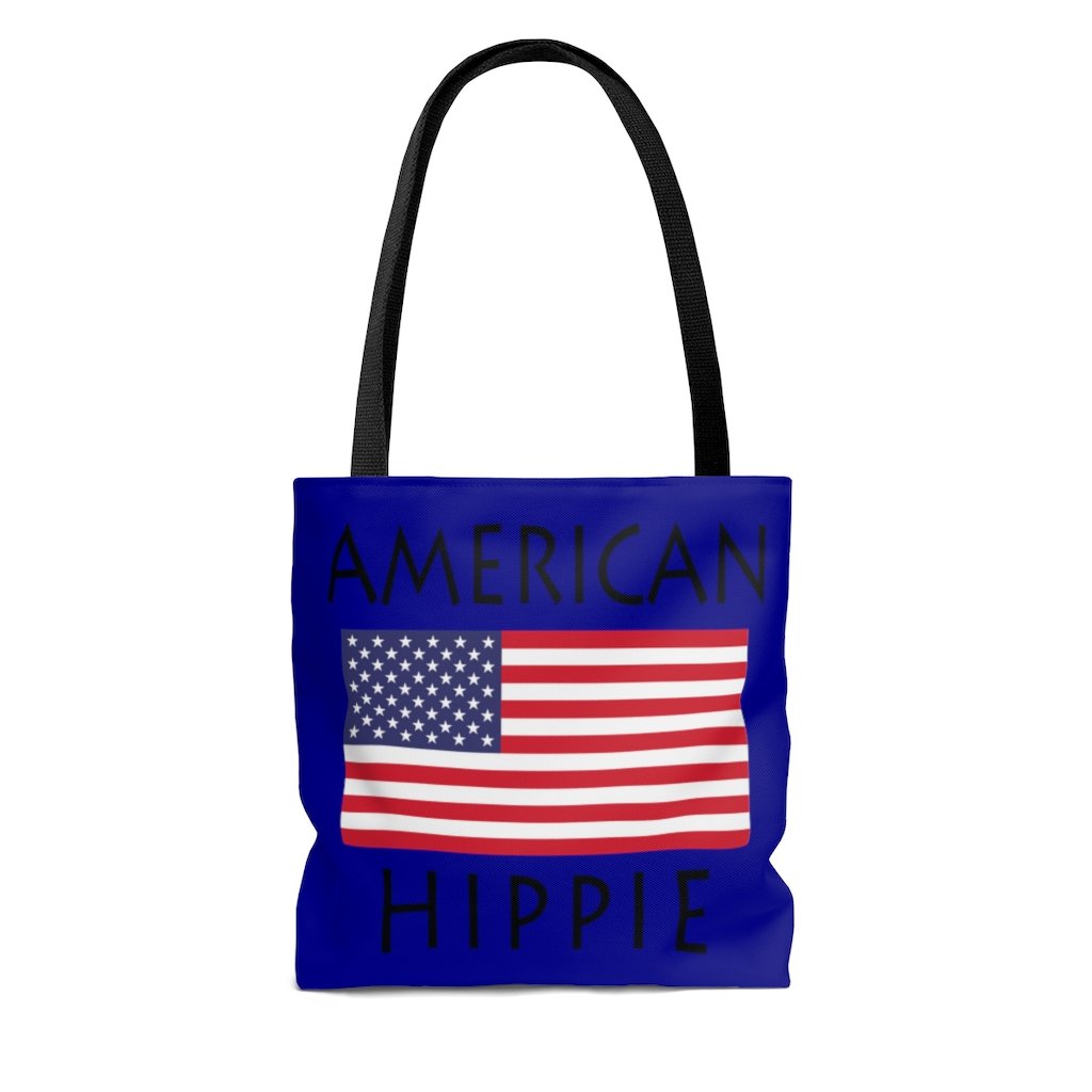 The Stately Wear American Flag Hippie has bold colors from the American flag.  Environmentally friendly tote bag made with biodegradable inks & dyes and made one-at-a-time.  3 practical sizes so it is a great gym bag, beach bag, yoga bag, Pilates bag and travel bag.